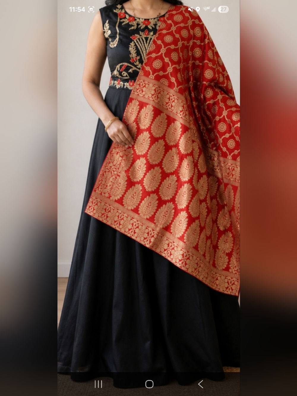 Black Maxi Skirt with Red & Gold Brocade Dupatta